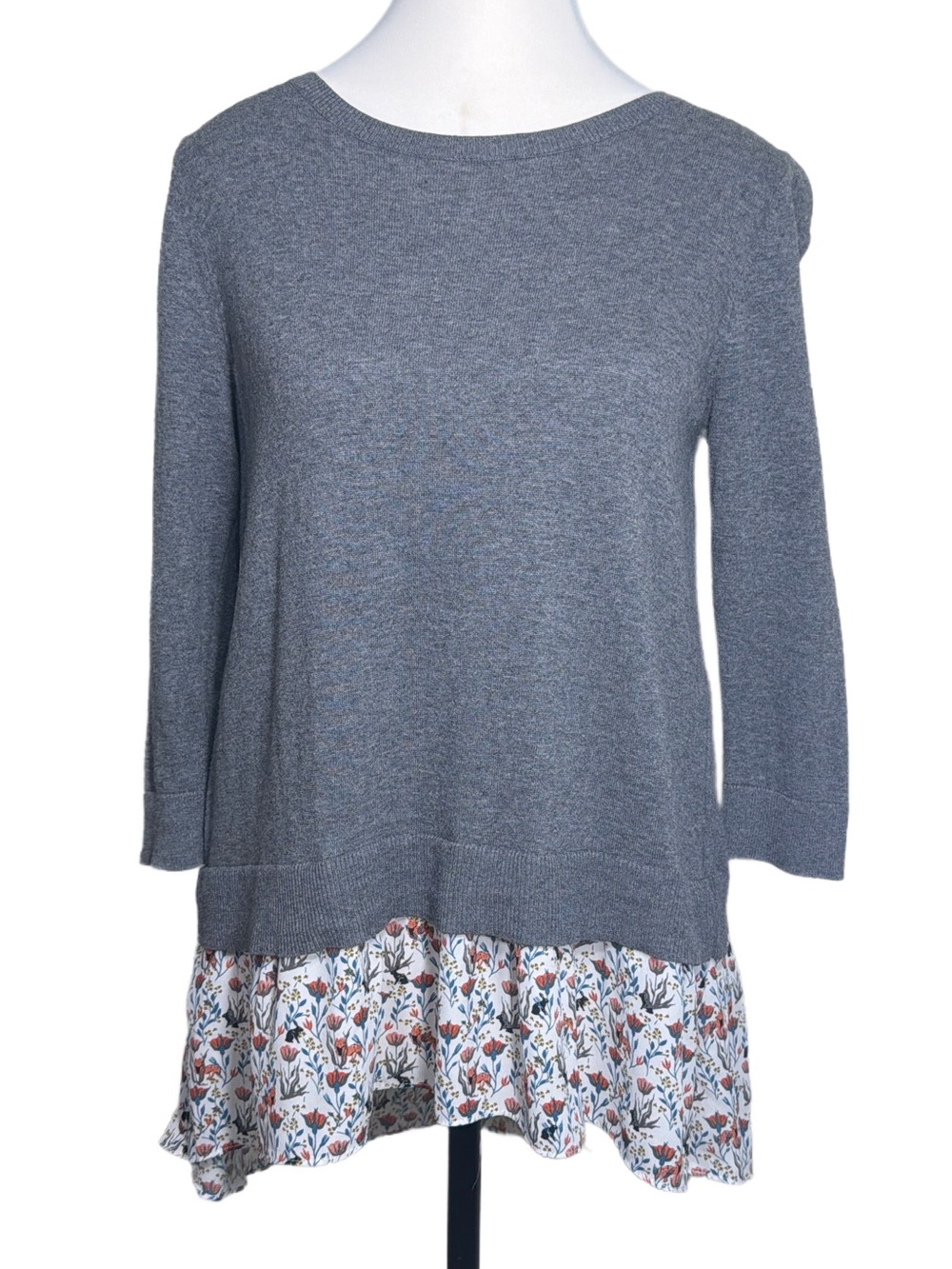 Loft Gray Layered Knit Top with Floral Hem